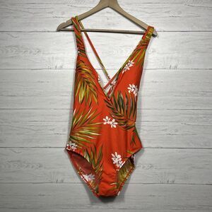 Kona Sol one piece womens swim suit size Large palm leaf orange summer swim
